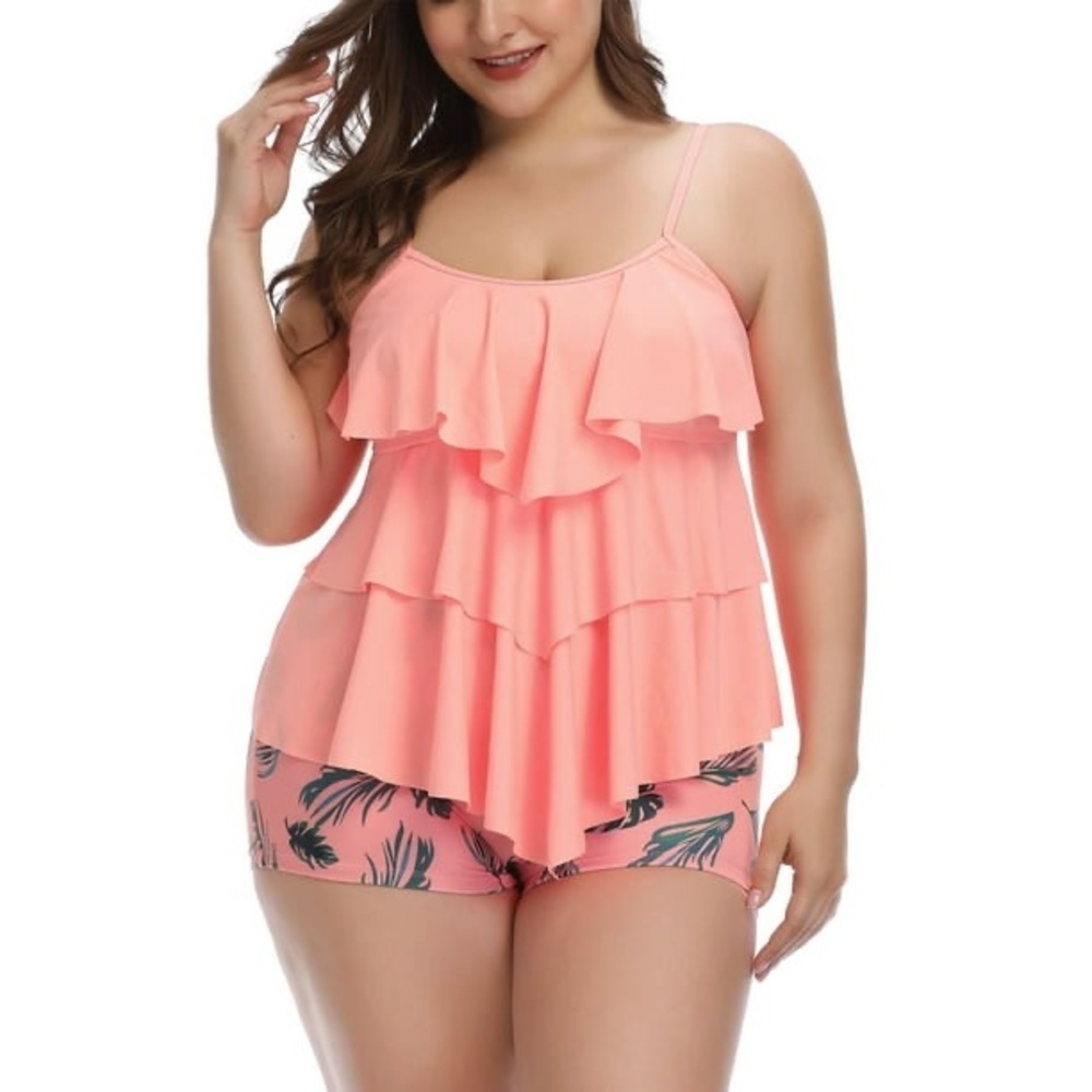 Plus Size Tankini Tummy Suit Ruffled Flounce Swimwear with Shorts